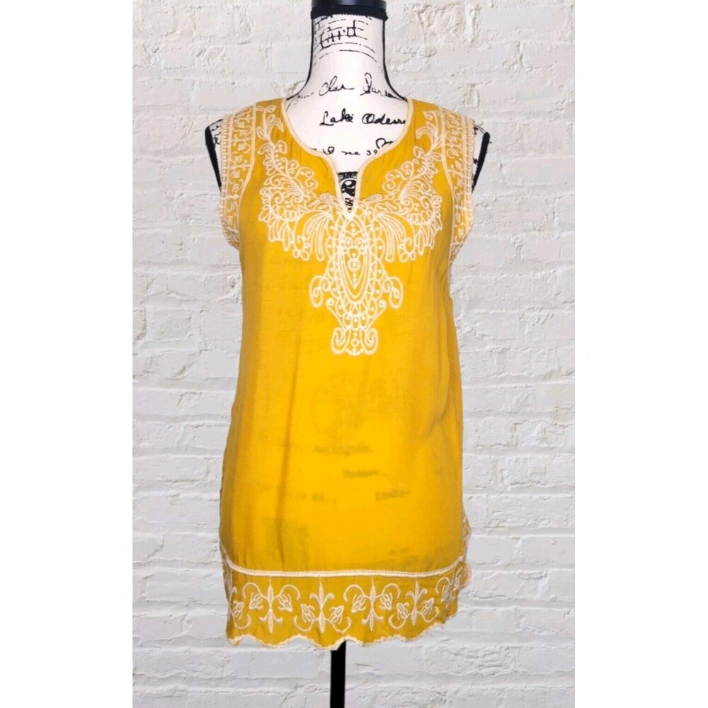 Solitaire Embroidered Tunic Tank Top Womens SM Yellow Blouse Boho Cottage
